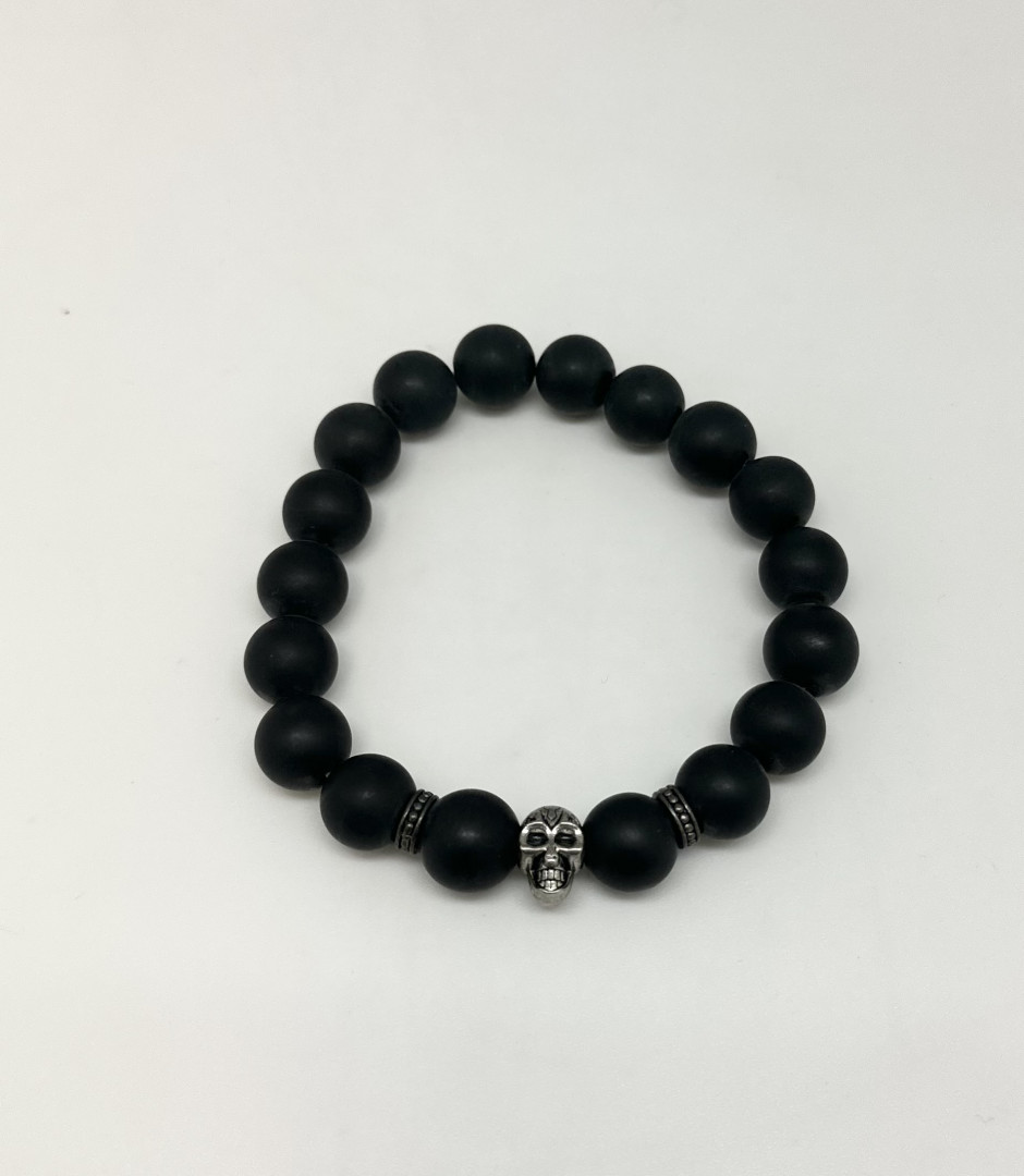 Armbånd m/skalle. matt sort agat